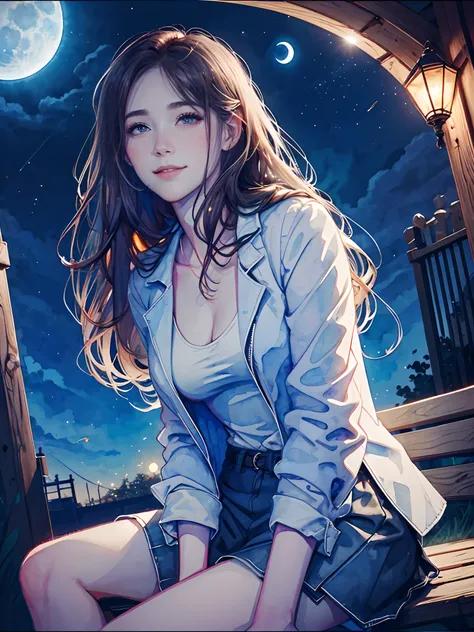 Highest Quality, Highest Quality, (close up:1.3),masutepiece, Ultra-high resolution, 8K, Watercolor style, Watercolor illustration,25-years old, Woman sitting on park bench looking at moon, Looking up from below, Looking up at the moon, From waist to face,...