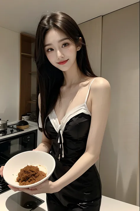 ​masterpiece、top-quality)、1 beutiful girl、Slim body、((Black and white loungewear:1.1))、(Detailed beautiful eyes)、In the kitchen of a rich mans house、Face similar to Chaewon in Le Selefim、((Boyish Brown Medium Hair))、((Smaller face))、((Neutral face))、((Ligh...