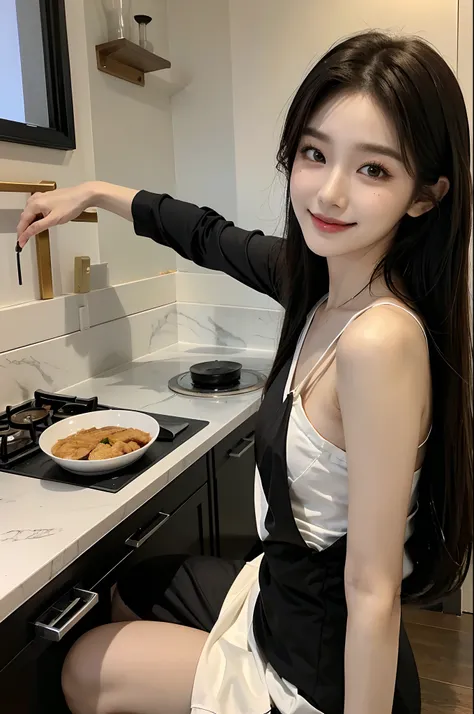 ​masterpiece、top-quality)、1 beutiful girl、Slim body、((Black and white loungewear:1.1))、(Detailed beautiful eyes)、In the kitchen of a rich mans house、Face similar to Chaewon in Le Selefim、((Boyish Brown Medium Hair))、((Smaller face))、((Neutral face))、((Ligh...