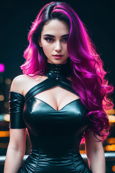 amoled ultra realistic photograph of a 25 years old european girl, RAW, beautiful woman, (extra long wavy black hair), ((portrait)), ((detailed face:1.2)), ((detailed facial features)), (finely detailed skin), pale skin, (high detailed deep cleavage cyberp...