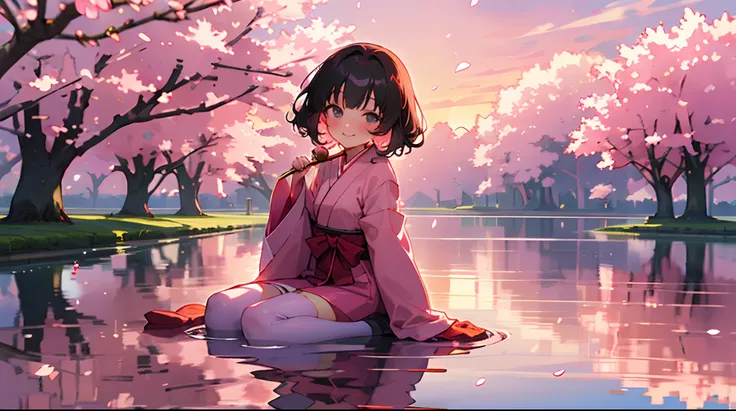 Sakurami, The upper part of the body, smil, red blush, sitted, ((cherry trees)), ((Pink Sleeve)), Tong Rose, ((Pink stockings)), pink sky, Sundown, lake, reflection