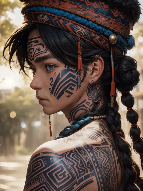 masterpiece, upper body, close up of 1boy, asian face, handsome, (tribal cap), blue eyes, messy hairs, (tribal tattoos on cheek), (looking back), (side view), bokeh