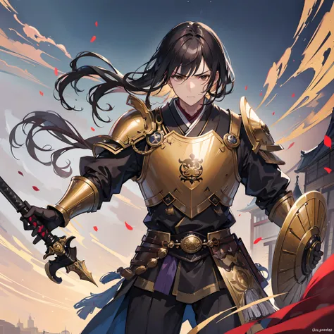 A mature man holding a sword and shield with depressed look, black hair, brown eyes, male paladin, golden armour, traditional Japenese House in background, 8k, Surrealism, Masterpiece, Anime art