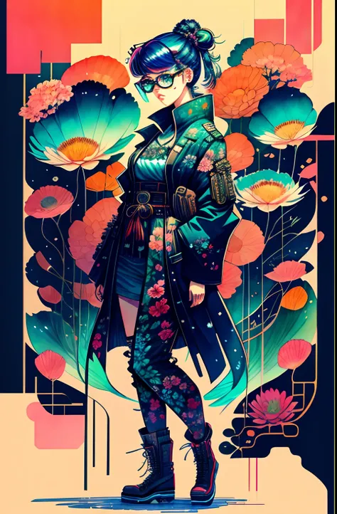 "Full body, water colors, ink drawing, beautiful cyberpunk woman, wearing smart digital glasses, floral background, in the style of ukiyo-e".