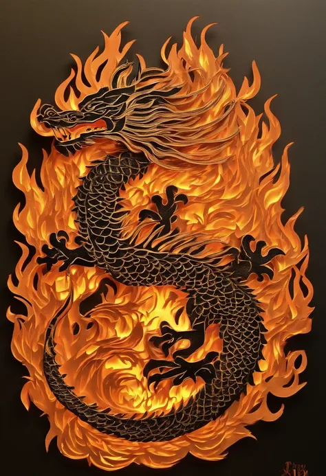 Best Quality, Top image quality, Top resolution, Intricate details, Craftsmanship, (Papercut:1.5), Fire magic, Ring of Fire, Dragon engulfed in flames,Flames sticking out of the dragons mouth, Paper burning, fire, Real Fire、A truly fiery dragon、Dragons Bea...