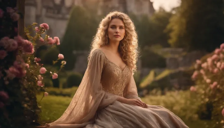 princess with blonde curly hair, with a flushed face, sparkling brown eyes, silk clothes, sitting in a flowering garden in the background of a magical castle, high quality image, realistic