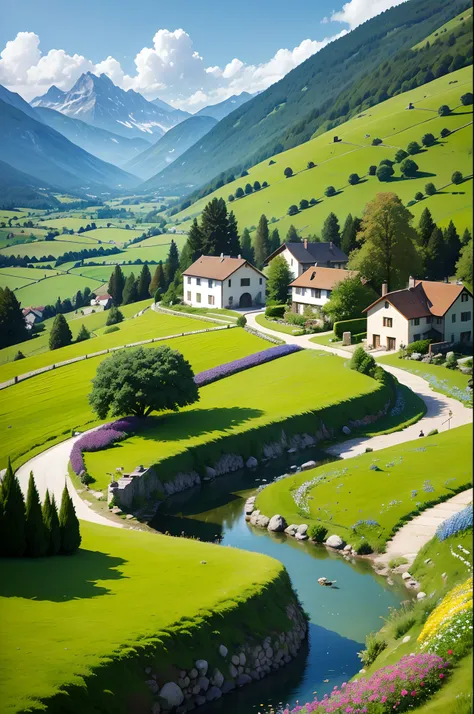 Peaceful and idyllic countryside, Rolling green hills dotted with grazing sheep, Charming villa，Set amidst vibrant flowers, Clear blue sky overhead, Evokes a sense of peace and simplicity, Valle encantador, switzerland, patches of green fields, lush countr...