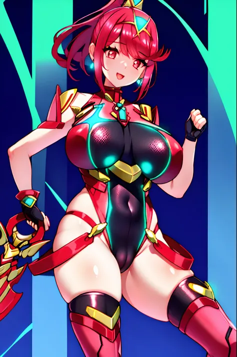 pyra (xenoblade), teen_1girl, loli, bangs, black gloves, breasts, red eyes, shout, earrings, eyelashes, fingerless gloves, floating hair, , gem, gloves, hair ornament, headpiece, jewelry, gigantic_breasts, leaning back, swimsuit, neon trim, official art, p...