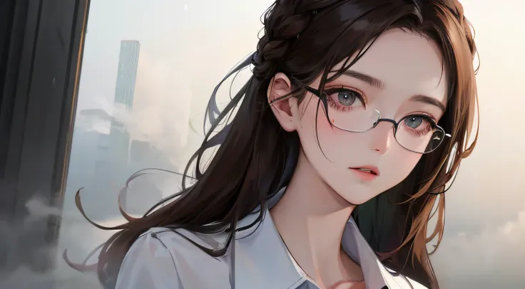 (((1人の女性)))、(Top resolution、Distinct_image) best qualtiy、(((heavy fog)))、Light color、​masterpiece、ighly detailed、Semi-realistic、Brown hair、eye glass、Braided hairstyle、deadpan、bangss、20yr old、年轻、white  shirt、natta、delicated facial features、Facial features、m...