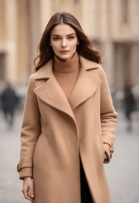 best quality,ultra-detailed,realistic woman wearing a camel wool coat, beautiful standing posture, detailed face features, long eyelashes, stylish appearance, confident expression, flowing hair, sophisticated makeup, high-quality material texture, soft and...