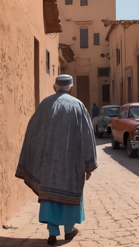 an elderly man in traditional Moroccan attire, a djellaba, walking down a bustling street in Morocco during the 1960s, The view should be from behind, capturing the intricate details of his djellaba and the atmospheric essence of the historical street scen...