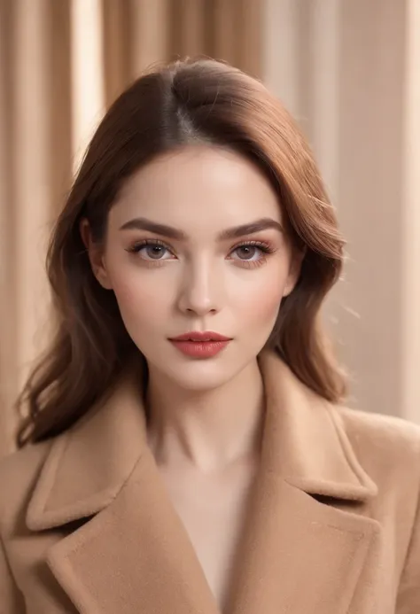 Best quality,Ultra-detailed,Realistic woman in camel hair coat, (Beautiful detailed eyes,beautiful detailed lips,Extremely detailed face,Long eyelashes),(Best quality,4K,8K,A high resolution,Masterpiece:1.2 beautiful standing postures, detailedfacialfeatur...