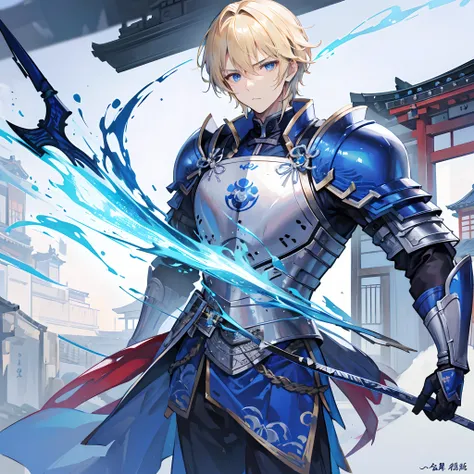 A handsome man with a sad expression, medium blonde hair, blue eyes, blue sword, blue armour, traditional Japenese House in background