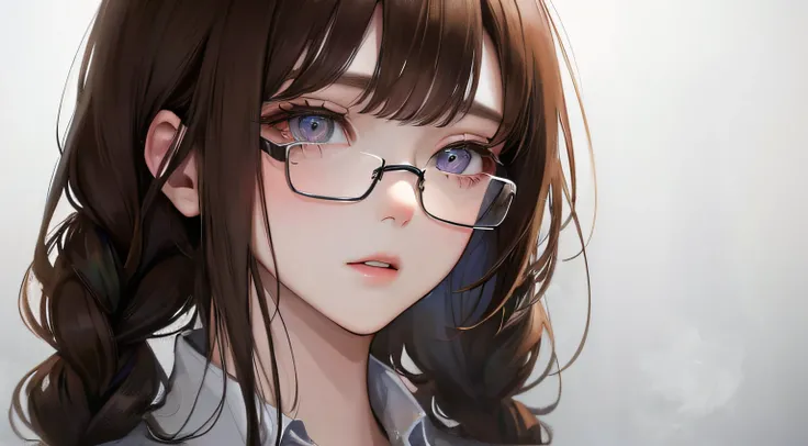 (((1人の女性)))、(Top resolution、Distinct_image) best qualtiy、(((heavy fog)))、((Light color))、​masterpiece、ighly detailed、Semi-realistic、Brown hair、eye glass、Braided hairstyle、deadpan、bangss、20yr old、年轻、white  shirt、natta、delicated facial features、Facial featur...