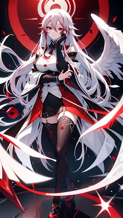 masterpiece,(bestquality),highlydetailed,ultra-detailed, cold , solo , 1girl , bishoujo , stare , (red eyes:1.5) , (beautiful detailed eyes:1.2) , (long hair:1.2) , (white hair:0.8) , (silver hair:0.5) , (Wing-like bangs:0.5) , (Dull hair:0.5) , (ahoge:0.5...