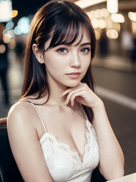 (8K, Best quality, Masterpiece:1.2), (Realistic, photo-realistic:1.37), Ultra-detailed, 
1 girl,Cute, Solo,Beautiful detailed sky,Detailed Cafe,Sitting,dated,(nose blush),(Smile:1.15),(Closed mouth) Small breasts,Beautiful detailed eyes, collared shir, bla...