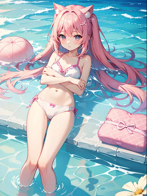 One girl、pink hair、PastelColors、cute little、blush、swim wears、summer