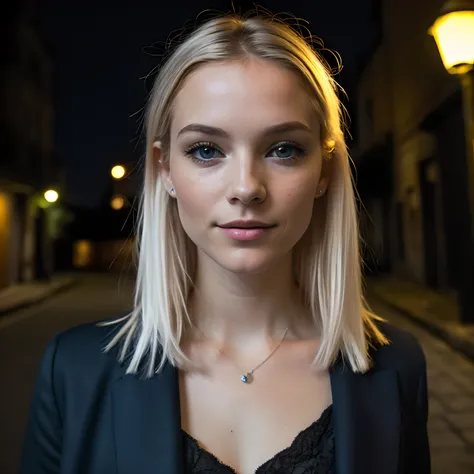 (Selfie, Vue de dessus: 1.4), (Right half of the body: 1.4), RAW UHD portrait photo of a 24-year-old blonde (Femme aux yeux bleus) marcher dans une ruelle sombre, gros seins,, Ville la nuit, (jupe), (neckline), specifics (Textures! , cheveux! , Briller, Co...