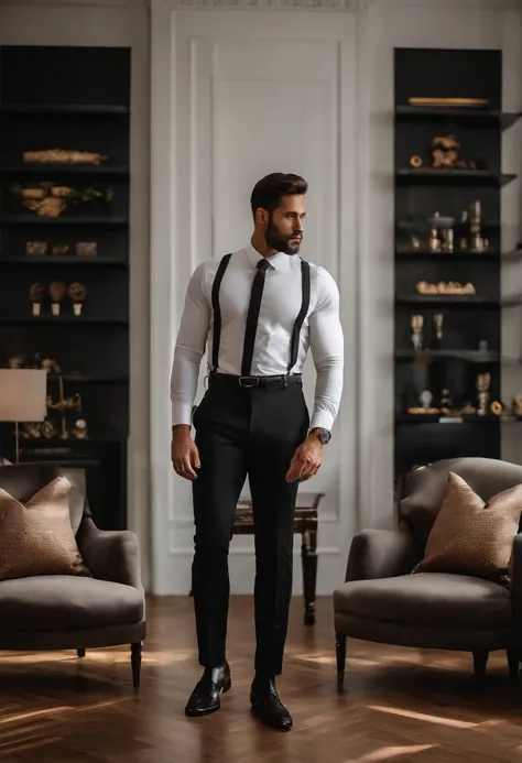 Arafed man in white shirt and black pants standing in a room, Ropa a medida, pantalones grises y zapatos de vestir negros, Atractivo masculino de alta costura, traje formal, Hombre delgado con piel negra, calvo, Macho bonito, Proporciones masculinas, Hermo...