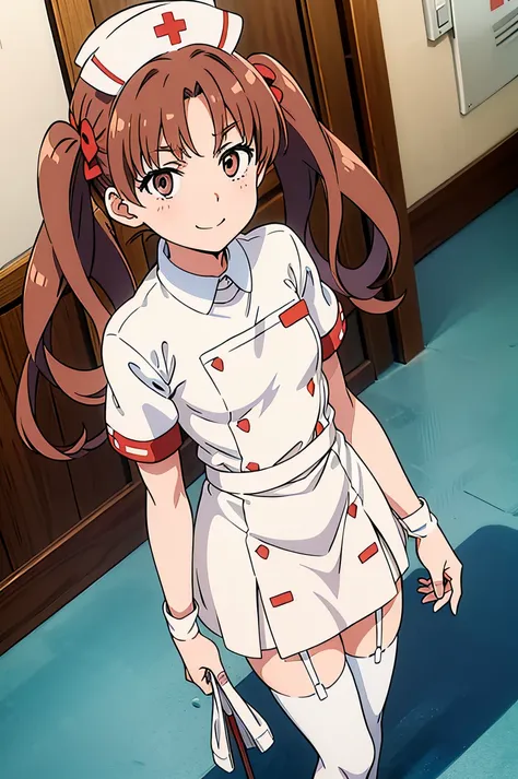 kuroko, twintails, brown eyes, brown hair, flat chest, solo, nurse, ((white nurse cap, white nurse's outfit)), ((white legwear, ...