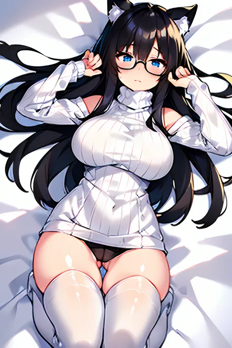 1girl, solo, masterpiece, (((anime adult woman ))), ((((wearing WHITE turtleneck cotton sweater outfit)))), (beautiful detailed eyes), blue eyes, ((((flustered expression)))), ((blushing)), (((hand covering mouth))), (black cat ears), black hair, black lon...