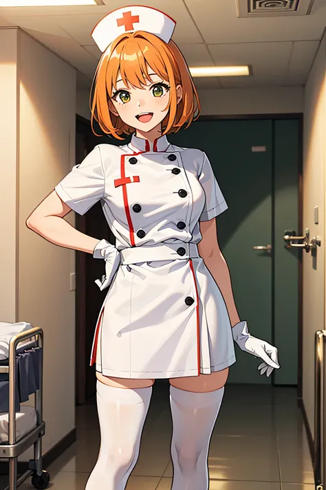 1girl, nurse, nurse cap, white wear, ((white legwear, zettai ryouiki)), white gloves, very short hair, orange hair, smile, open mouth, standing, ((hospital room)), sharp outline, short sleeves, tomboy, boyish, best quality, masterpiece