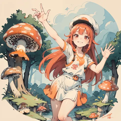 1girll, Long orange-red hair, Red eyes, dress, (Solo:1.3),Simple drawing, Mushrooms and girls, Cute, Big smile, Mushrooms + Mushrooms + Mushrooms + Mushrooms + Mushrooms,Red mushrooms，Cyan mushrooms，White mushrooms，From the side Side，Dancing，Watercolor ill...