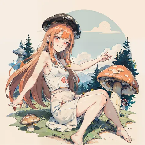 1girll, long orange-red hair, red eyes, dress, (solo:1.3),simple drawing, mushrooms and girls, cute, big smile, mushrooms + mush...