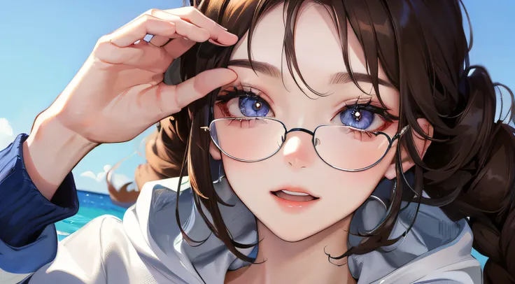 (((1人の女性)))、(Top resolution、Distinct_image) best qualtiy、(((White hoodie)))、((Vivid))、​masterpiece、ighly detailed、Semi-realistic、Brown hair、eye glass、Braided hairstyle、ssmile、bangss、20yr old、年轻、blue-sky、delicated facial features、Facial features、mid-shot、