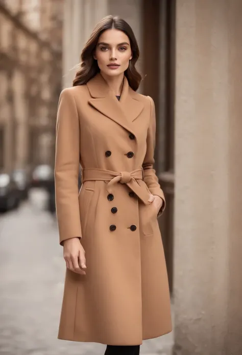 (best quality, highres), camel-colored cashmere coat, soft texture, exquisite stitching, luxurious appearance, elegant silhouette, warm and cozy, fine wool fibers, stylish and timeless, tailored fit, versatile for any occasion, classic button details, high...