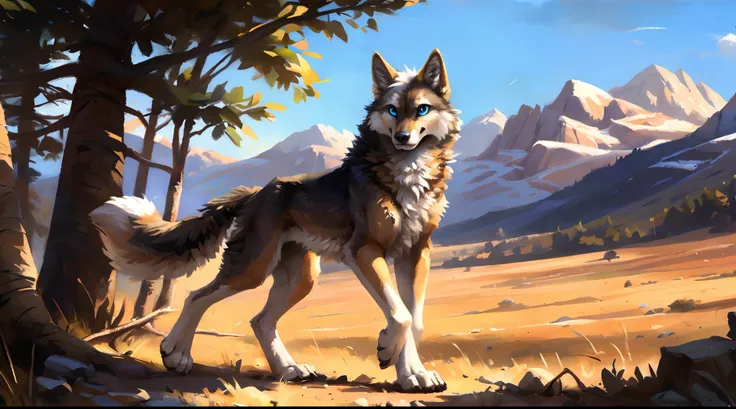 ((Solo)), male people, coyote, (Multi-colored fur, White-brown:1.3), ((Wolf face, White hair, Big eyes, White eyelids, Blue pupil, Slim:1.2) (Tough, Calm expression:1.2)), Abs, Slim, pinging)), (Correct anatomy), A big tail，Feet，Longer torso，Well-proportio...