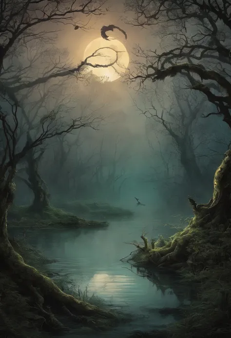 In a horrible fairy-tale swamp under the moonlight, with a traveler

(best quality,4k,8k,highres,masterpiece:1.2),ultra-detailed,(realistic,photorealistic,photo-realistic:1.37), HDR, UHD, studio lighting, extreme detail description, professional, vivid col...