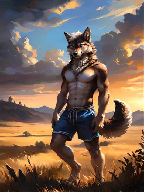 ((Solo)), male people, anthro wolf, (Multi-colored fur, White-brown:1.3), ((Wolf face, White hair, Big eyes, White eyelids, Blue pupil, Slim:1.2) (Tough, Calm expression:1.2)), Abs, Slim, pinging)), (Correct anatomy), (Work shorts:1.1), (Contour bone:1.2),...