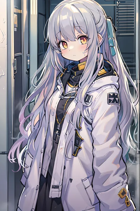 Anime girl with long hair and white coat standing in the hallway, girls frontline style, from girls frontline, from arknights, portrait anime space cadet girl, Cute anime girl, Anime visuals of cute girls, silver hair girl, an anime girl, Anime Mecha Aesth...