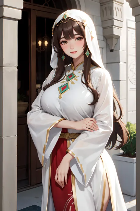 1lady standing, mature female, /(Moroccan caftan clothing/), /(brown hair/) bangs, blush kind smile, (masterpiece best quality:1.2) delicate illustration ultra-detailed, large breast, arms down BREAK /(streets of Turkey/), detailed background