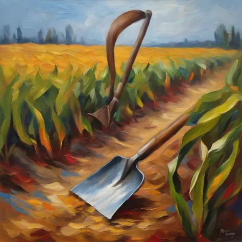 shovel with ribbon on the handle stuck in ground horor vibes (background: corn fields, dawn sky) oil painting, canvas texture