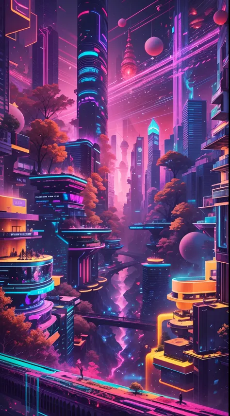 ((The city of the future)),(Best quality,4K,8K,A high resolution,Masterpiece:1.2),Ultra-detailed, [Vibrant colors], [psychedelic patterns], [Sparkling textures], [Abstract shapes], [Unique design], [A mesmerizing glow], [Creative composition], [Playful ele...