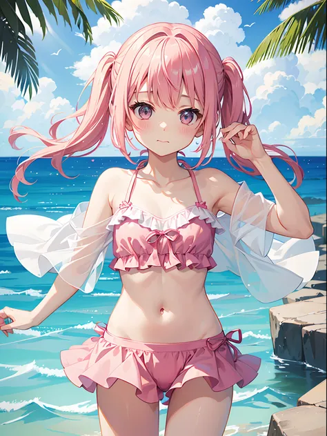 One girl、Pink hair、PastelColors、cute little、blush、swim wears、Summer