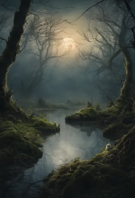 In a horrible fairy-tale swamp under the moonlight, with a traveler (best quality,4k,8k,highres,masterpiece:1.2),ultra-detailed,(realistic,photorealistic,photo-realistic:1.37), HDR, UHD, studio lighting, extreme detail description, professional, vivid colo...