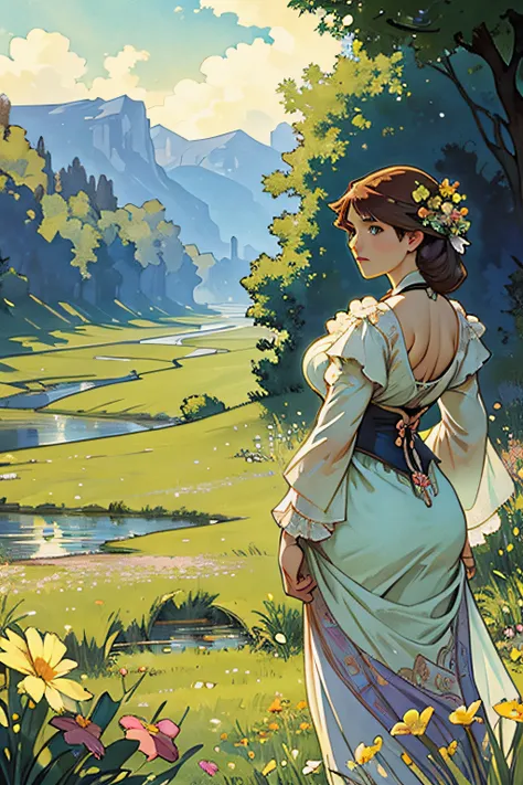 The river flows through it., Alphonse Mucha, scenary, attractive, grassland, floral