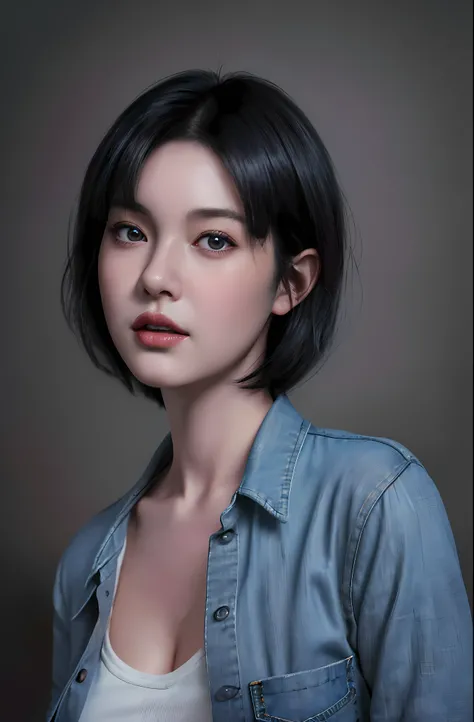 a close up of a woman with short hair wearing a dark gray denim shirt, hyperrealism, kawaii realistic portrait, realistic. cheng yi, realistic digital painting, 8 k realistic digital art, realistic digital illustration, photorealistic!!!!!!! art style, rea...