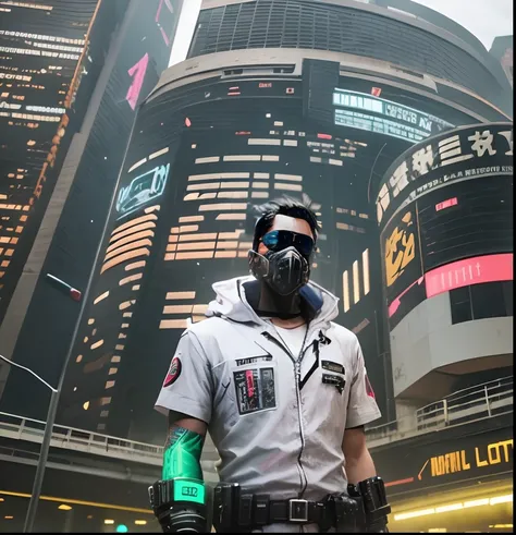 Cinematic background, man with cyberpunk outfit