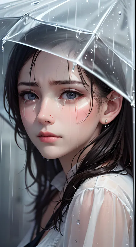 (8k, RAW photo, best quality, masterpiece:1.2), (realistic, photo-realistic:1.4), Beauty woman cry in the rain, look sad, in rainy day