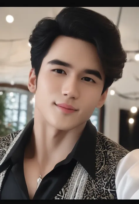 Robust boy，Wearing a black and white vest，Greet with a smile