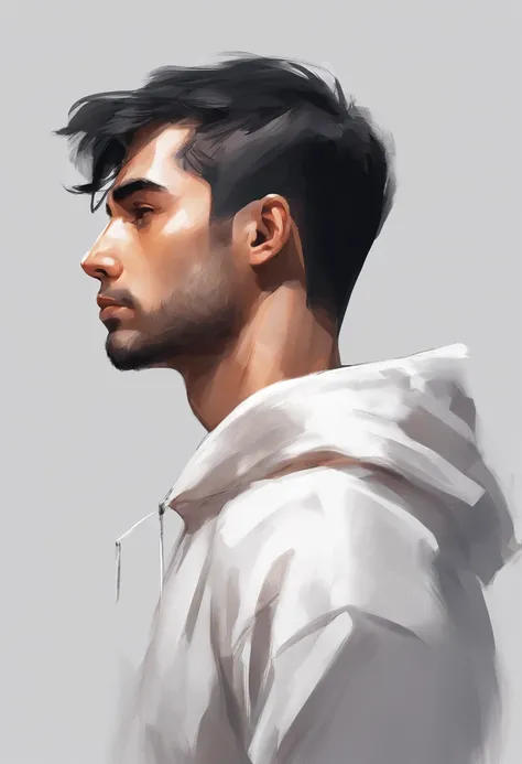 arafed man in a white sweatshirt , mid shot portrait, profile shot, photo portrait, high quality portrait, taken in the early 2020s, headshot profile picture, french crop haircut, black hair