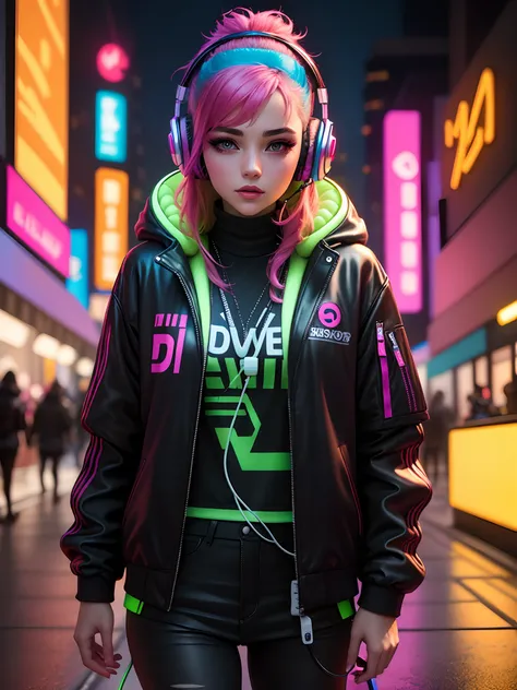 a woman wearing headphones and a jacket in a neon photo, headphones dj rave, girl wearing headphones, cyberpunk vibrant colors, neon cyberpunk vibrant colors, hq 4k phone wallpaper, phone wallpaper hd, high quality wallpaper, headphones, digital artwork 4 ...