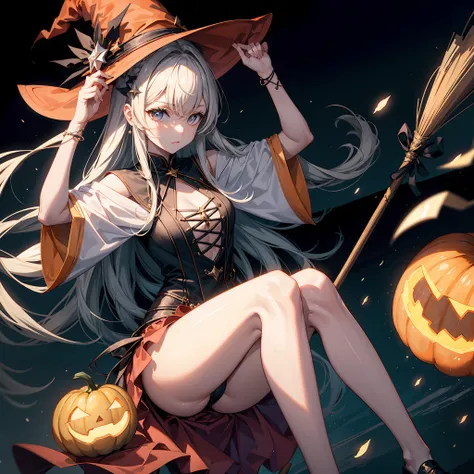 Lanterna Jack、Obake Pumpkin、Witch with a witchs hat on her head、High Definition Pumpkin、Big pumpkin、She holds a large amount of pumpkin in both hands ,witch hat、Bruxa de cabelo roxo、olhos verdes brilhantes, olhos brilhando no escuro da noite, feiticeiro、ca...