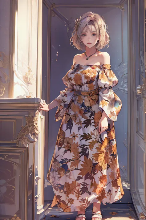 ((Masterpiece, best quality,edgQuality)), smug,smirk, edgADC_fashion, long dress, autumn leaves print,sandals,off shoulder blouse,standing ,wearing edgADC