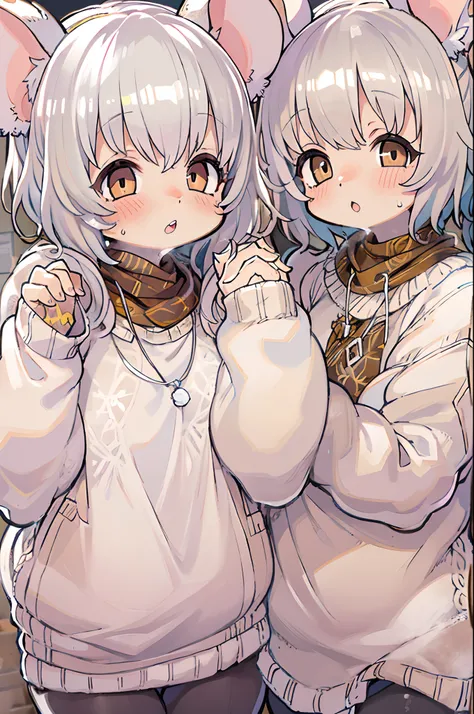 twins, Mouse Girls, short fluffy white hair, Big round mouse ears, White sweater, Holding hands, ((dark brown eyes)), a couple, Beautiful, Glossy lips, Detailed eyes