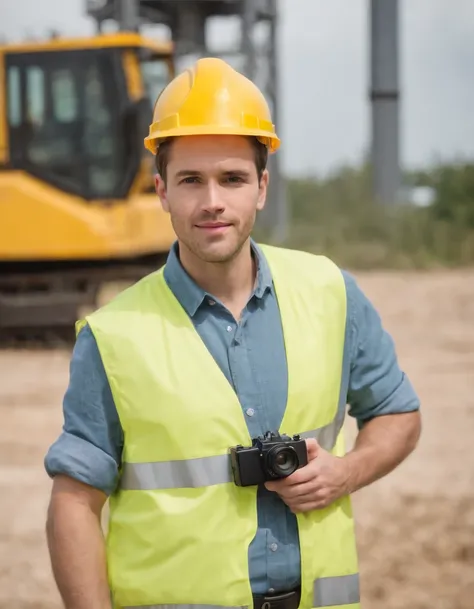 full body, A mechanical engineer. Clad in a site construction clothes. Wears a yellow vest with radiation detector and has in hand a walkie-talkie. He embodies the qualities of a highly trained engineer. In the background, an industrial site with no fumes....